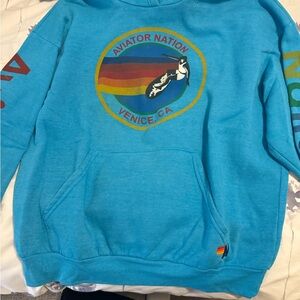 Aviator Nation Turquoise Hoodie with Rainbow Detail